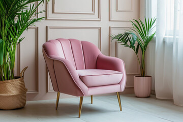 Elegant pink velvet armchair with lush houseplants in a bright room