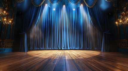 theater stage with blue curtains and spotlight, acting scenario - obrazy, fototapety, plakaty