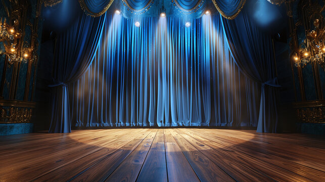 theater stage with blue curtains and spotlight, acting scenario