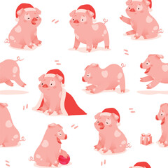 Pattern seamless tile background with cute pig in a Christmas hat and cloak. vector illustration