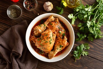 Georgian chicken stew with tomatoes and herbs. Top view, flat lay