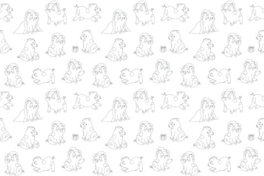 Pattern seamless tile background with cute pig in a Christmas hat and cloak for coloring. vector illustration