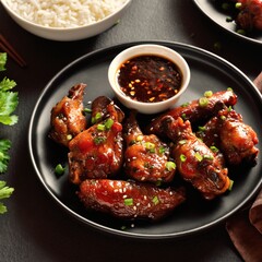 Sweet and spicy chicken wings served with sauce. Close up view