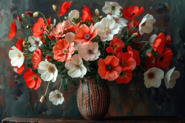 A still life photograph of a flower arrangement in a vase, using dramatic lighting