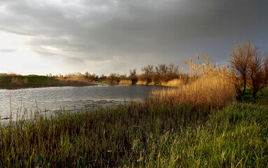 Fototapeta na wymiar the bank of the river lit by the sun breaking through the black clouds