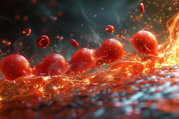 A team of erythrocyte characters in a relay race, passing an oxygen molecule like a baton, against a background of winding blood vessels - obrazy, fototapety, plakaty