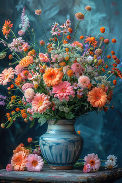 A still life photograph of a flower arrangement in a vase, using dramatic lighting