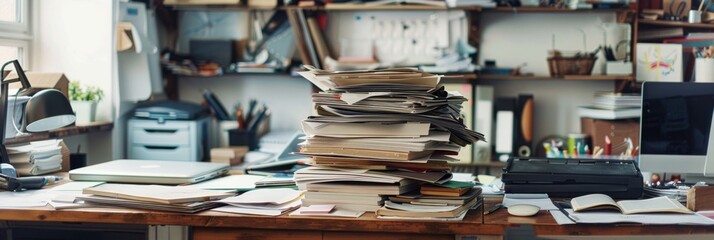 Cluttered desk decorated with a stack of documents - obrazy, fototapety, plakaty