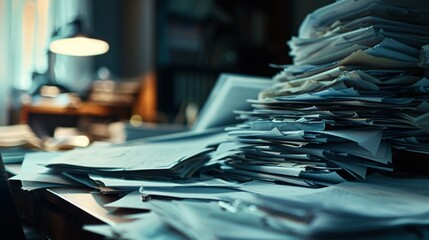 Stacks of documents on an office desk close-up