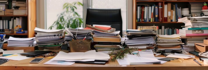 Cluttered desk decorated with a stack of documents