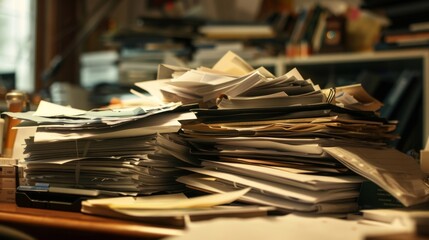 Tall stack of documents on an office desk
