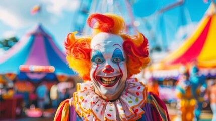 The playful charm of a clown, which features his beaming smile and colorful costume against a softly blurred circus background - obrazy, fototapety, plakaty