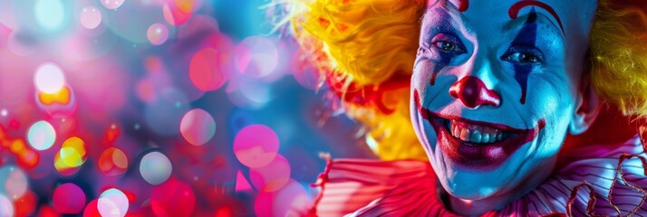 The playful charm of a clown, which features his beaming smile and colorful costume against a...