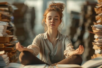 Focus on young beautiful woman sitting in lotus position meditating among stacks of paper books at workplace. Concept of overtime and rapid burnout.