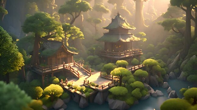 Journeying Through 3D Asian Diorama Houses Amidst Ancient Trees