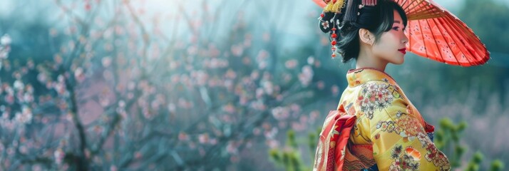Japanese beauty dressed as a geisha in a colorful kimono, posing elegantly against a soft background of cherry blossoms