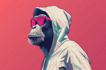 A bored-looking monkey in a colorful hoodie and neon sunglasses, illustrated in a flat 2D vector style with a touch of surrealism. - obrazy, fototapety, plakaty