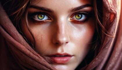 Fototapeta premium blue eyes peek from under a scarf, concealing the rest