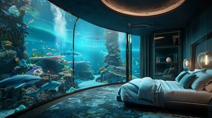 Elegant rooms with floor-to-ceiling windows with stunning underwater views