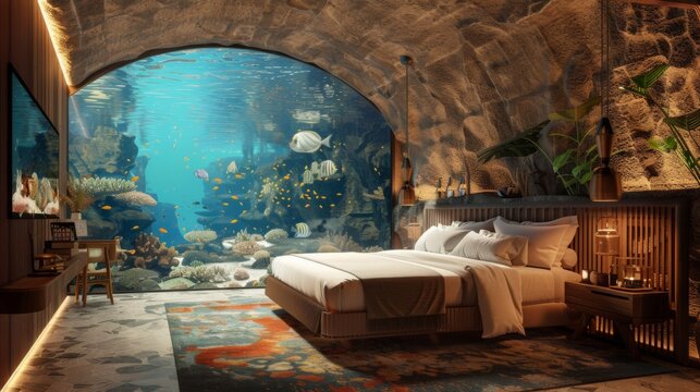 Interior of an aquarium-themed hotel where guests are surrounded by mesmerizing marine life