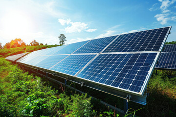 Renewable Energy Source Solar panels harnessing power from the sun in a field on a sunny day