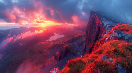 A landscape photograph of a mountain range at sunset, captured with a wide-angle lens - obrazy, fototapety, plakaty
