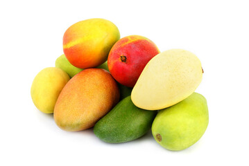 Many different kinds of mango fruits isolated on white background.