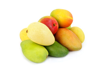 Several mango fruits isolated on white background.