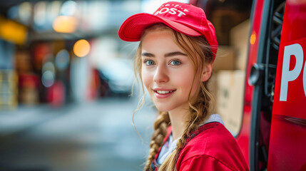 Young smiling post female in a red uniform ,white t-shirt and red cap , staying in front of a red postal van with an inscription POST on the side of car , copy space