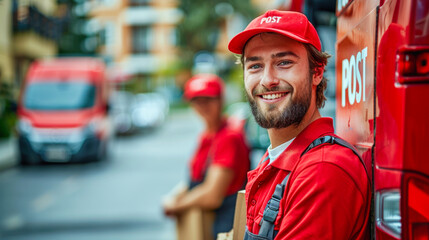 Young smiling postman in a red uniform ,white t-shirt and red cap , staying in front of a red postal van with an inscription on the side "POST" , copy space