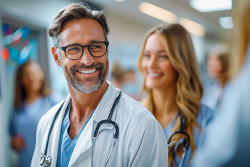 Middle age doctor man wearing white coat and stethoscope standing with happy face and smiling . Positive person. Caring atmosphere suitable for healthcare concept . - Powered by Adobe