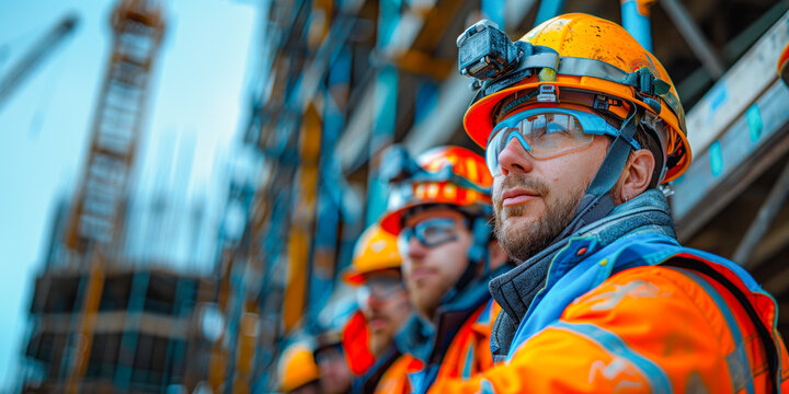 A construction worker man in safety gear, including hard hats , protective glases and reflective vests with his crew by of a partially constructed building , copy space