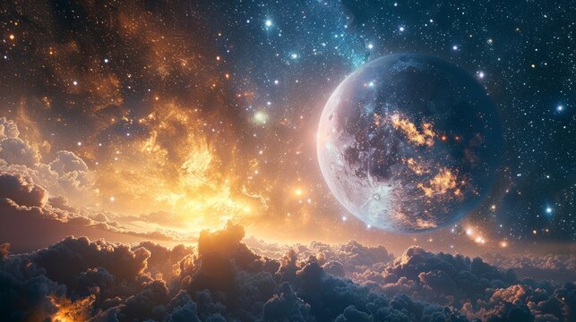 A beautiful, colorful, and starry sky with a large, glowing moon. The sky is filled with clouds and stars, creating a sense of wonder and awe. The moon is the focal point of the image