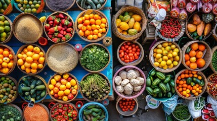 A colorful display of fruits and vegetables in baskets. Scene is vibrant and lively, showcasing the variety of produce available