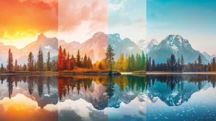 A series of four pictures of a lake with trees in the background, each picture representing a different season