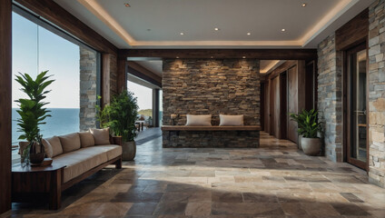 A coastal-inspired modern entrance hall, featuring stone tile walls and rustic wooden accents.