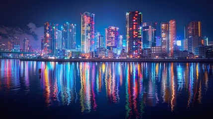 A city skyline is lit up at night with the reflection of the lights on the water. The city is full of life and energy, and the water adds a calming and serene element to the scene