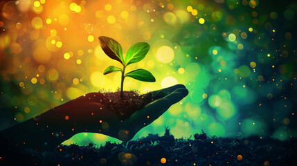Close-up of a plant in hand against a background of blurred lights. Caring for the environment. The concept of ecology - obrazy, fototapety, plakaty