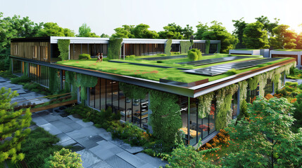 Sustainable Building with Green Roof and Solar Panels
. Sunset over a modern sustainable building featuring a lush green roof and extensive solar panels, signifying eco-friendly architecture.
