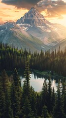 Panorama of  lake in the mountains with a forest at sunset