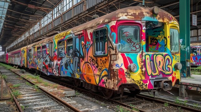 A train with graffiti on it is parked on the tracks. The graffiti is colorful and covers the entire train. The train appears to be abandoned and has been left to rust. Scene is one of decay