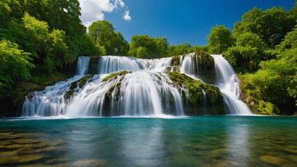 Obraz premium A vibrant summer background with a cascading waterfall