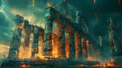 A large, ancient building with a fire burning in front of it. The fire is orange and yellow, and it is surrounded by smoke. The building is made of stone and has columns. The scene is dark and ominous