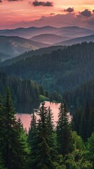 drone view of  lake in the mountains at sunset