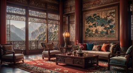 Fototapeta na wymiar Luxury living room interior in traditional Chinese style. Decorated with oriental ornaments.