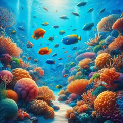 Obraz na płótnie Canvas Dive into the vivid world of tropical sea life: colorful fishes and coral reefs await in this mesmerizing underwater panorama, perfect for snorkeling and diving enthusiasts
