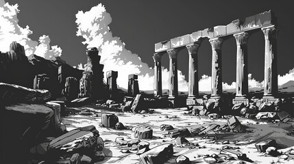 A desolate landscape with a ruined temple and a large stone archway. The scene is dark and moody, with a sense of abandonment and decay