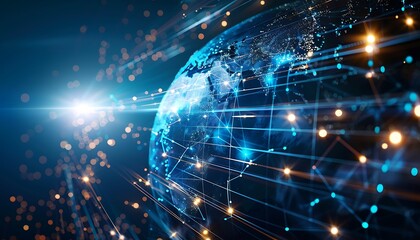 Explore the interconnected digital globe, showcasing global networking, high-speed data transfer, cyber tech, info exchange, international telecommunication