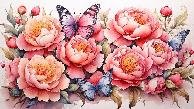 Watercolor painting of peony flowers with butterfly. Hand drawn illustration.