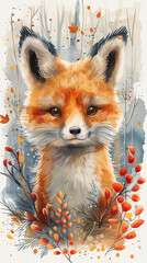 A fox is painted in a forest with berries and leaves. The fox is looking at the camera with a curious expression. The painting has a warm and inviting mood, with the colors of the fox